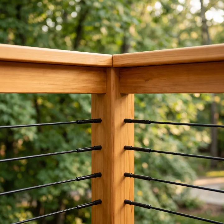 A refinished cedar railing: a smooth even top rail with crisp post shoulders against black cable infill.