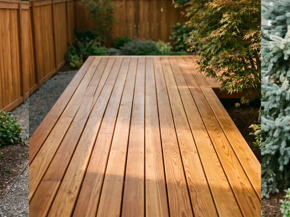A refinished cedar deck, boards newly sanded and oiled so the grain reads sharp and the surface holds a low satin sheen.