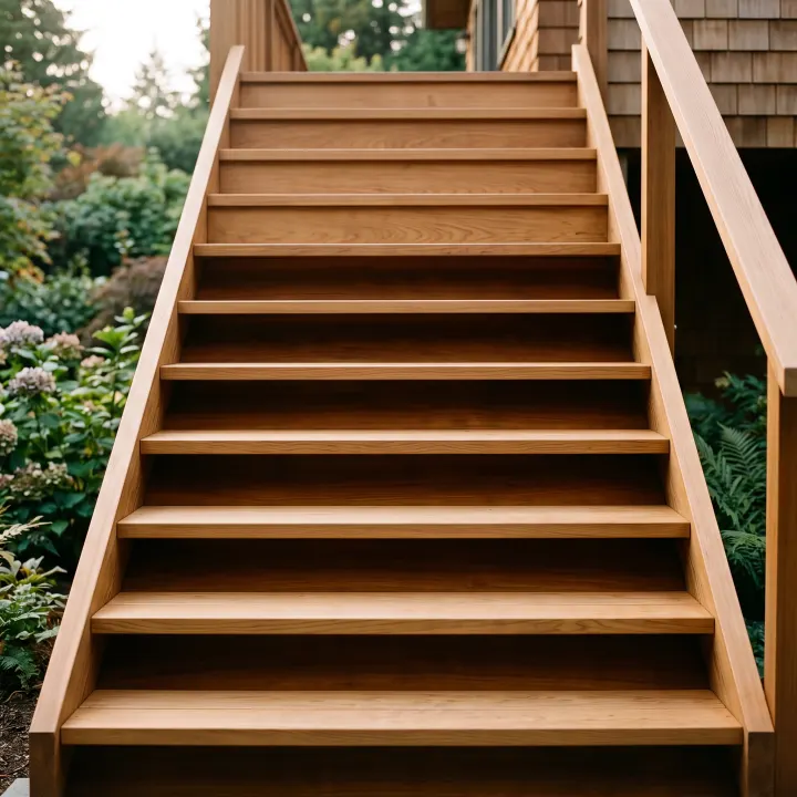 Refinished cedar deck stairs seen square-on, treads even and level with clean unchipped nosings.