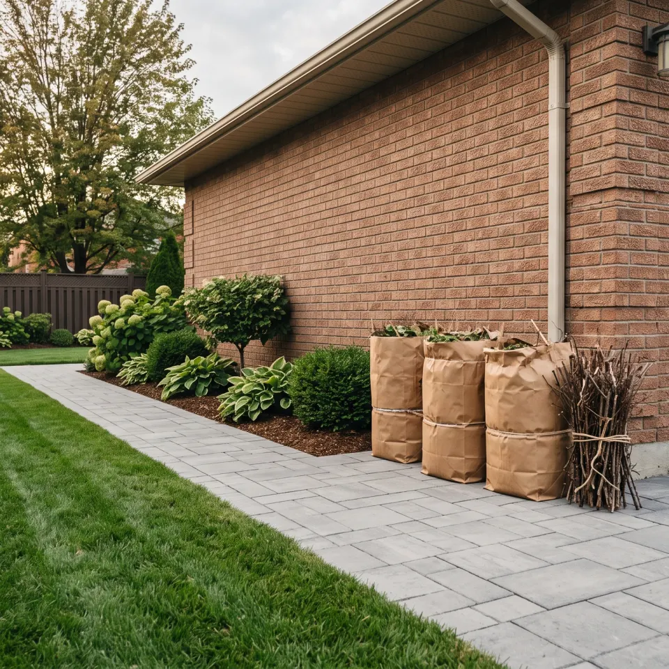 Paper yard-waste bags and bundled brush standing against a garage wall on a swept walkway at the end of a clean-up.
