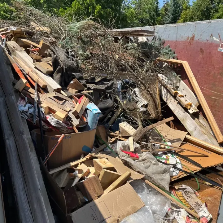 A bin loaded level with construction debris: offcut lumber, flattened cardboard, torn packaging and cut branches.