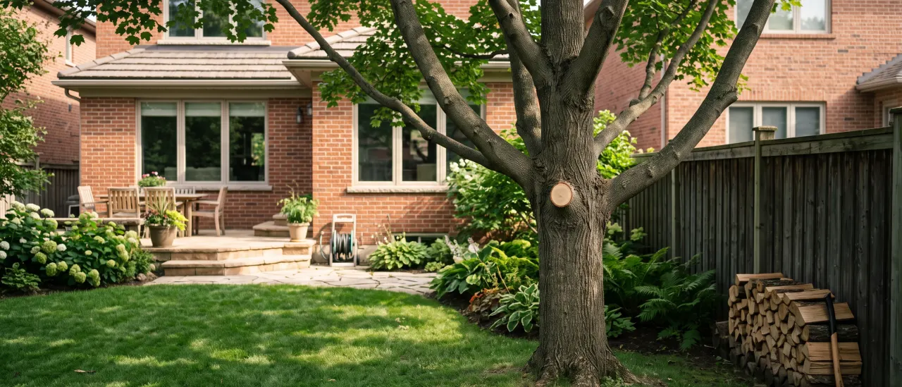 Pruned tree limbs cut back from a roofline on a residential York Region property